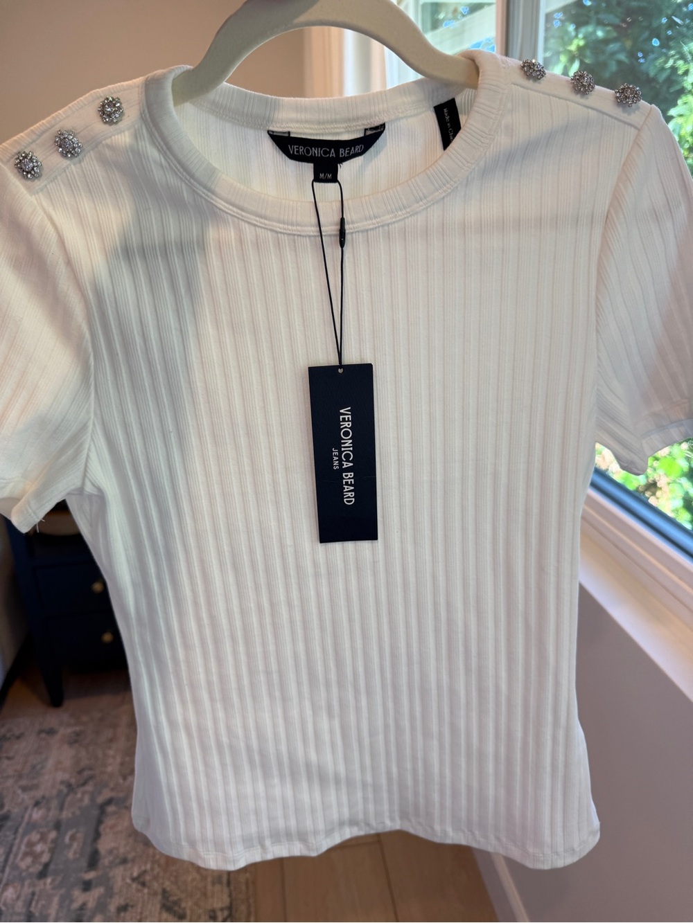 Veronica Beard Cream Ribbed Short Sleeve Top with Shoulder Buttons